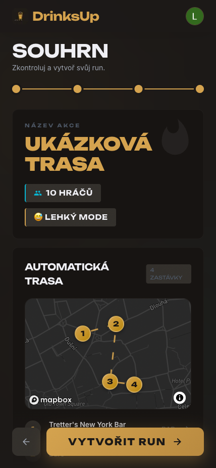 DrinksUp — souhrn naplánované trasy s zastávkami na mapě